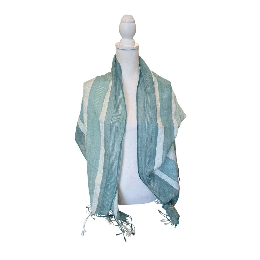 Cejon Scarf Womens Teal White Striped Linen Blend Metallic Shimmer Fringe Tassel